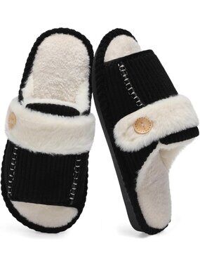 Women's Black Fuzzy Open Toe Slippers Memory Foam Faux Fur House Non-slip Shoes
